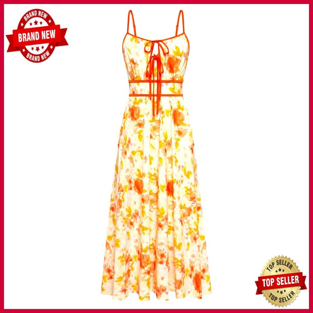 Floral Boho Maxi Dress With Pockets Adjustable Straps Tie Front Summer Sundress